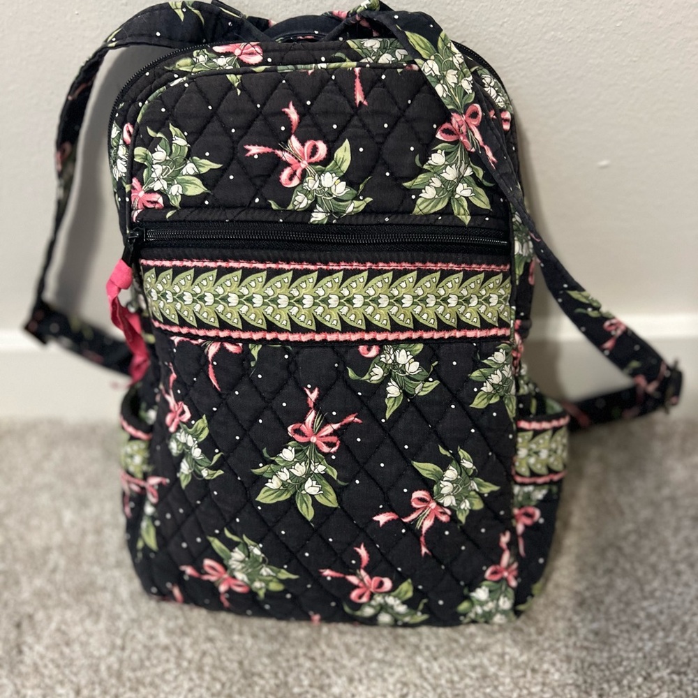 Vera Bradley Lilly of the valley Black and Pink Floral Backpack